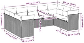 9 pcs conj. sofás jardim com almofadões vime PE cinzento-claro
