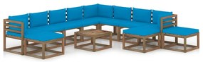 12 pcs conjunto lounge para jardim com almofadões azul-claro