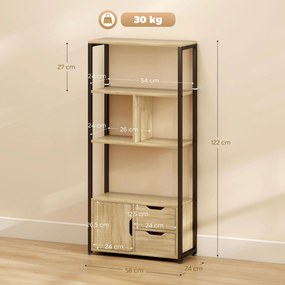 Estante de estilo industrial com 3 prateleiras, porta e 2 gavetas, 58 x 24 x 122 cm, com acabamento em madeira natural e aço preto
