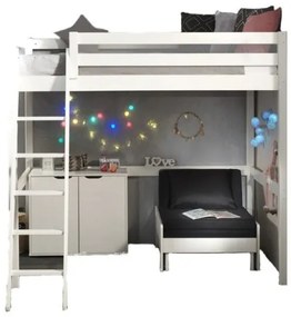 Cama alta de Criança PINO 140 x 200 cm + estrado + escada + armário com 2 portas + sofá-cama Branca