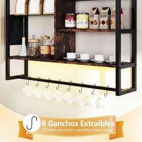 Prateleira suspensa 107 x 24 x 96 cm com luzes LED, controlo remoto via app, 6 níveis, 8 ganchos em S e bolso lateral para cozinha, bar ou casa – Cast