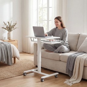 Secretária ajustável em altura para trabalhar sentado ou em pé 65 (L) x 60 (P) x 71-107 (A) cm, secretária móvel com tabuleiro para teclado, Rodas e e
