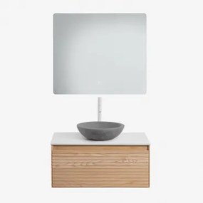 Conjunto De Móvel De Casa De Banho Suspenso 80x50 Cm Em Madeira De Freixo Tedrik Castanho Fresno & Cimento Cinzento Redondo Ø40 Cm Tarsis - Sklum