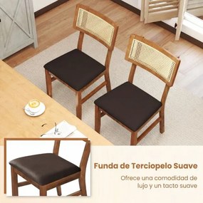 Conjunto de 2 cadeiras jantar estofadas com encosto em rattan tecido (MESA NÃO INCLUIDA), Estrutura em madeira de borracha Cor de nogueira e Castanho
