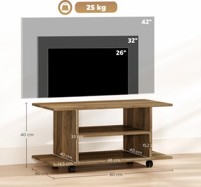 Móvel de televisão com rodas 80 L x 40 P x 40 A cm, móvel para televisores até 42 polegadas com prateleiras abertas, em cor nogueira