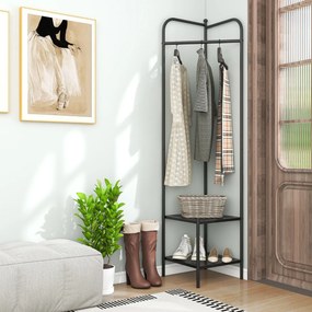 Guarda Roupa de canto 2 em 1  para roupa com gancho superior e 2 prateleiras Economia de espaço 42,5 x 42,5 x 193,5 cm Preto