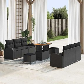 Conjunto de Sofá de Jardim de 9 Peças com Almofadas Rattan Poliéster Preto Acácia