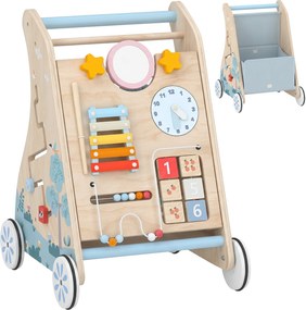 AIYAPLAY Andarilho de Madeira para Bebé 3 em 1 com Brinquedos Montessori, Painel Amovível de Dupla Face, Arrumação e Rodas, 1-3 Anos, Natural | Aosom Portugal