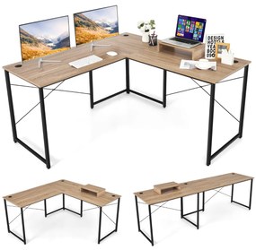 Mesa de computador em forma de L Mesa de canto reversível com orifícios para cabos para escritório em casa 150 x 150 x 150 x 74 cm Natural