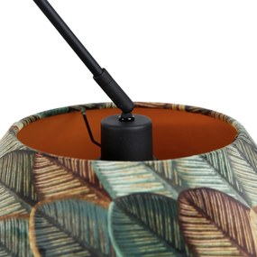 Candeeiro Pendente Preto com Abajur Duplo em Veludo, Design Folha e Bege - Blitz Clássico / Antigo,Moderno