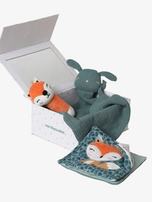 Caixa presente com 3 brinquedos: boneco-doudou + roca + livro de ilustrações laranja