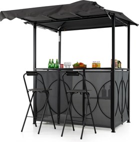 Tenda jardim com mesa de bar e 2 cadeiras dobráveis com prateleiras de metal para jardim 193 x 117 x 240 cm cinza