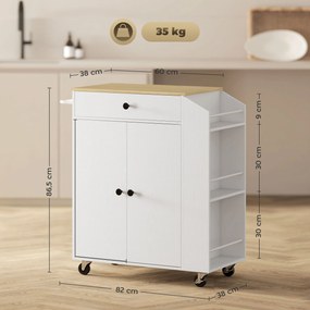 Carrinho Ilha de Cozinha com Rodas com Gaveta Suporte para Temperos de 3 Níveis e Prateleira Ajustável 82x38x86,5 cm  Branco