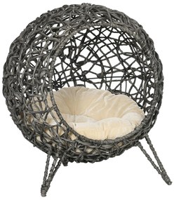 PawHut Cama para Gatos em Vime Sintético com Base de Tripé Almofada com Pelúcia e Algodão Suave Desenho Elevado Ø52x58 cm Cinza | Aosom Portugal