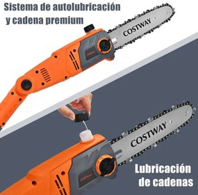 Serra eléctrica telescópica 212 a 286 cm Motosserra multiangular ajustável Montagem sem ferramentas para pátio jardim Laranja