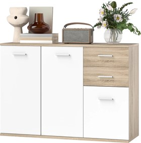 Aparador de sala, móvel de arrumação com 2 gavetas, 3 portas e prateleira ajustável, 106 x 35 x 76 cm, branco e madeira natural