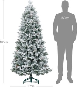 Árvore de Natal artificial de 180 cm com suporte metálico, 1489 ramos cobertos de neve, pinhas, verde