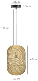 Candeeiro Suspenso de Corda de Papel Candeeiro de Teto Lâmpada E27 Máx. 40W com Corda Ajustável para Sala de Jantar Dormitório Ø30x47cm Natural e Pret