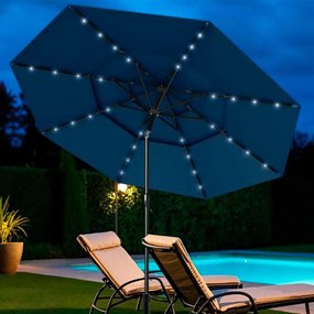 Guarda-sol Jardim de 313 cm com 32 luzes LED Teto ventilado de 3 níveis Ajuste de inclinação Azul Marinho