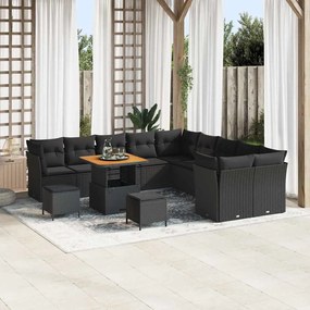 Conjunto de Sofá de Jardim vidaXL de 13 Peças com Almofadas Preto Vime Sintético Acácia