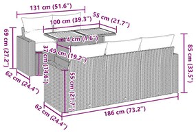 6 pcs conjunto sofás de jardim com almofadões vime cinzento