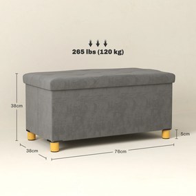 Banco de Armazenamento Dobrável Capacidade de 67 L  Estofado em Veludo Carga 120 kg 76x38x38 cm Cinza