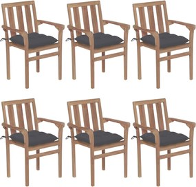 vidaXL Cadeiras de jardim empilháveis c/ almofadões 6 pcs teca maciça