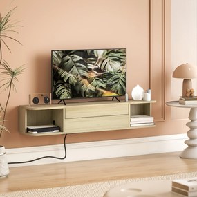 Móvel de TV suspenso para televisores de 50 polegadas 120 x 24 x 22,4 cm,, com gaveta, prateleiras e passadores de cabos com efeito de madeira natural