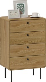 Cómoda com 4 gavetas, móvel de arrumação estreito com pés em aço, cantos arredondados, 60 x 39 x 91,5 cm, carvalho