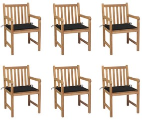 Cadeiras de jardim c/ almofadões pretos 6 pcs teca maciça