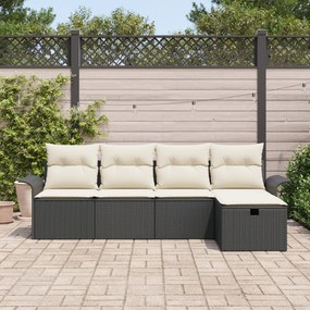 Conjunto de Sofá de Jardim de 5 Peças com Almofadas Preto Rattan Polié