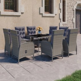vidaXL 9 pcs conjunto de jantar para jardim vime PE e vidro cinzento