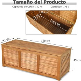 Baú de armazenamento exterior em madeira de acácia 120 x 45 x 45 cm com capacidade para 178 l, carga de 150 kg, para jardim ou pátio,, natural
