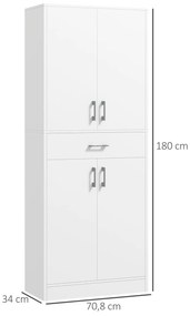 Armário de Cozinha com 4 Portas 1 Gaveta e Prateleiras Ajustáveis Anti-Tombo Armário de Cozinha Moderno 70,8x34x180 cm Branco