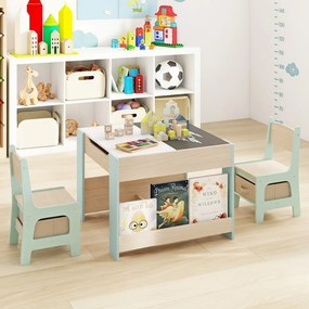 Conjunto de 1 Mesa de Atividades e 2 Cadeiras Infantis, 61,5 x 61,5 x 48 cm, Tampos Reversíveis com Quadro de Giz, Verde