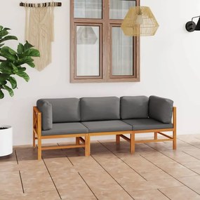 vidaXL Sofá de jardim 3 lugares c/ almofadões cinzentos teca maciça