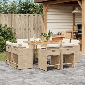 vidaXL 9 pcs conjunto de jantar p/ jardim com almofadões vime PE bege