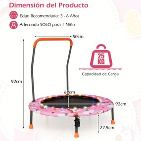 Trampolim para crianças 92 cm com luzes LED Pega de segurança Tapete de saltos redondo Cobertura 3-6 anos Rosa