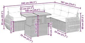 7 pcs conjunto de sofás p/ jardim com almofadões vime PE bege