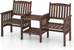 Banco de jardim com mesa com 2 níveis e orifício para guarda-sol em madeira de abeto natural castanho escuro