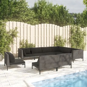 vidaXL 9 pcs conj. lounge jardim c/ almofadões vime PE cinzento-escuro