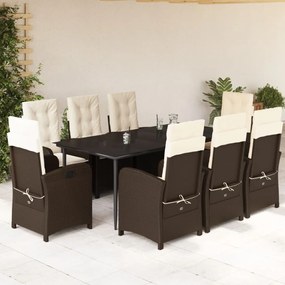 9 pcs conjunto jantar p/ jardim c/ almofadões vime PE castanho