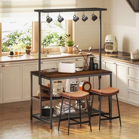 Estante de Cozinha com Tomada de Corrente (BANCOS NÃO INCLUIDOS) Estilo Industrial com Prateleiras Ganchos Móvel Auxiliar 116x70x182 cm Castanho rústi