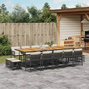 vidaXL 15 pcs conjunto de jantar p/jardim com almofadões vime PE preto