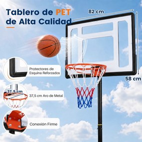 Cesto de Basquetebol Portátil, 76 x 46 x 263–308, Altura Regulável em 5 Níveis, Preto