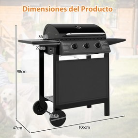 Grelha a gás com 3 queimadores, 24000 BTU, com tampa de grelha em aço inoxidável e mesas laterais para churrasco preto