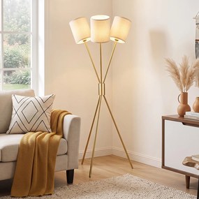 Candeeiro de Pé com Tripé, 58,5 x 57 x 160 cm, 3 Abajures de Tecido, Dourado