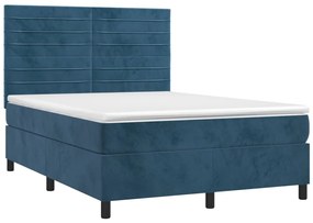 Cama box spring c/ colchão/LED 140x190 cm veludo azul-escuro