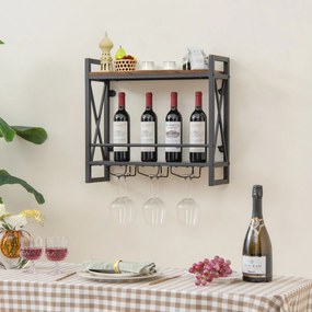 Garrafeira de parede metálica para garrafas de vinho para casa, bar e cozinha 60 x 20 x 55 cm Castanho
