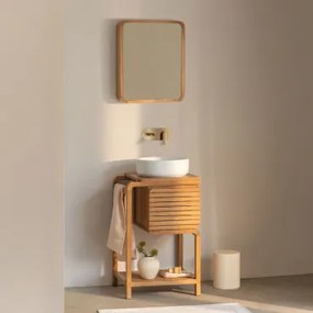 Conjunto De Móvel De Casa De Banho Em Madeira De Teca Bradley Cerâmica Redonda Branca Ø40 Cm Lenka & Ouro Escovado Embutido Com Válvula De Drenagem Se